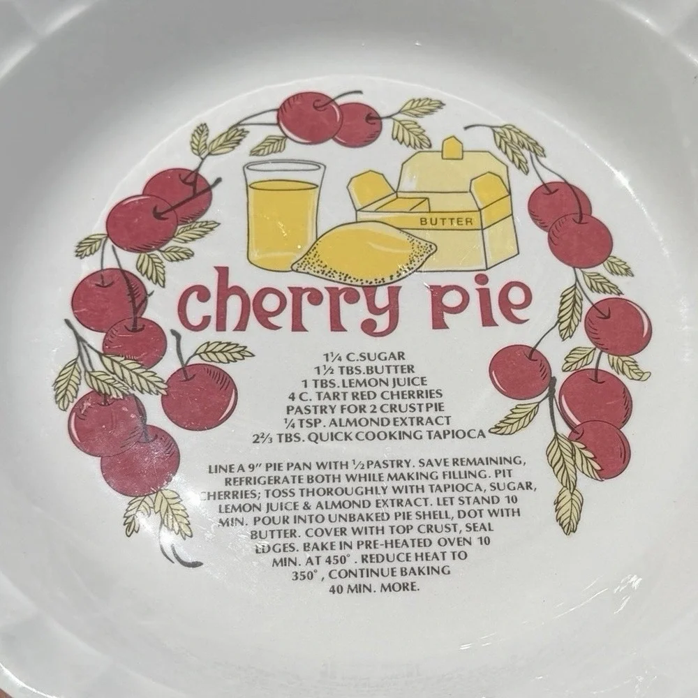 Vintage Hankook Cherry Pie Recipe Stoneware Deep Dish Pie Plate 10.75